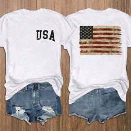 Loose Top Round Neck Usa Flag Print Short-Sleeved T-Shirt