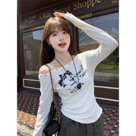 Off-Shoulder Cartoon Cat Print Long-Sleeve T-Shirt