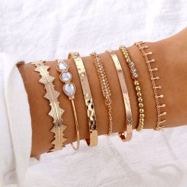 Women's bracelets 7-piece set, retro punk style, full diamond bracelet and bangle set (7 pieces)