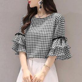 Ruffled hem sleeve party holiday plaid shirt top