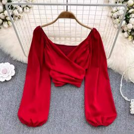 V-neck Blusas Women Plain Sexy Puff Sleeve Blouses Crops