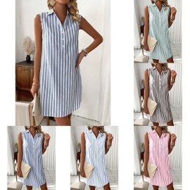 Minimalist sleeveless collar striped shirt dress