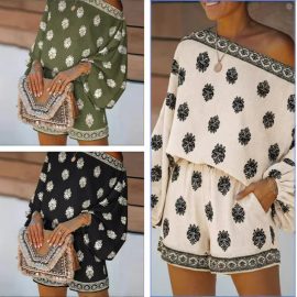 Bohemian breeze oblique collar lantern sleeve printing