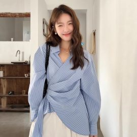 Korean-style striped shirt with side tie waist and crossover collar