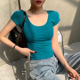 Women's low-cut round neck white short-sleeved t-shirt