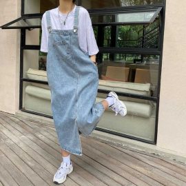 High-Waisted Denim Overall Dress