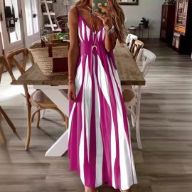 Strap print collar sleeveless long skirt dress
