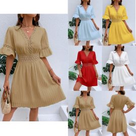 Collar print lace patchwork lace vacation style dress