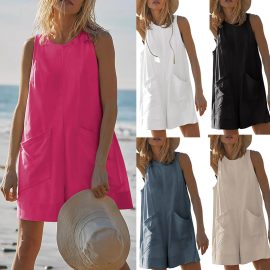 Sleeveless Vest with Large Pockets Casual Overalls Jumpsuit