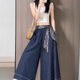 Ice Silk Denim Scarf Belt Cropped Skirt Pants