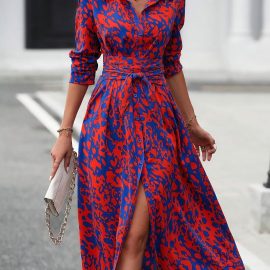 Printed waist cinching A-line dress