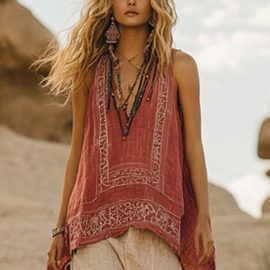 Plant floral print V-neck vest top for women
