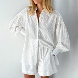 2026 Summer Women's Shirt Jacquard Puff Sleeve Elegant Top and Short