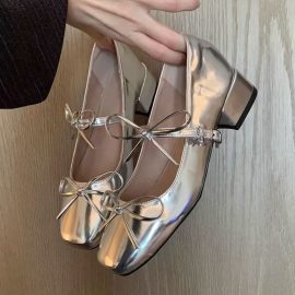 Women's elegant silver Mary Jane shoes with bow tie and single strap