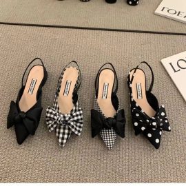 2026 Spring French Style Polka Dot Flat Sandals with Back Strap, Pointed Toe, Chunky Low Heel