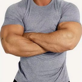 Men's Fitness Quick-Drying Short-Sleeved T-Shirt Round Neck Slim Fit Elastic Sports Casual Solid Color Breathable Training Top