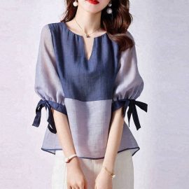 Japanese style 2026 new Korean style summer round V neckline tie-up color-blocked top