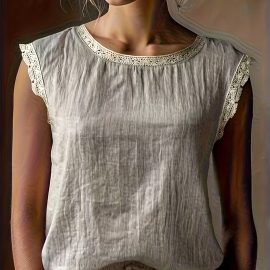 Loose solid round neck lace sleeveless cotton linen shirt