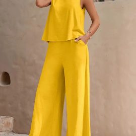 Women's round neck vest and wide leg pants set