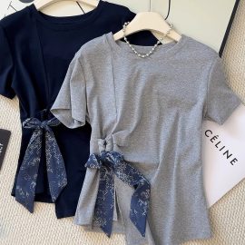 Casual, Lazy and Relaxed ~ Silk Scarf Strap Short-Sleeved T-Shirt