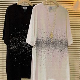 Plus Size (300 lbs) Mid-Length Heavy-Duty Rhinestone Short-Sleeve T-Shirt