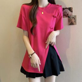 Plus-size traditional Chinese style buttons and irregular slits T-shirt