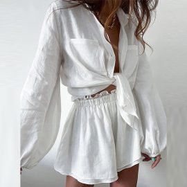 French retro style sun protection white long-sleeved shirt and ruffled shorts