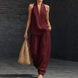 2026 New Sleeveless Loose Halter Shoulder Set Summer Casual Wide-Leg Pants Two-Piece Trendy Style