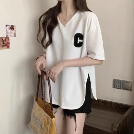 Plus Size Slit Mid-Length Short-Sleeved T-Shirt