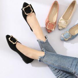 Women's flat, soft-soled, metal-buckled, comfortable work shoes