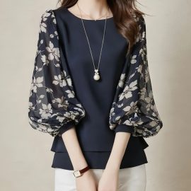 New Spring/Summer Printed Round Neck Chiffon Top