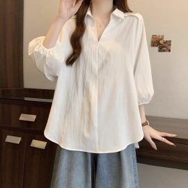 Plus-size Hong Kong style white three-quarter sleeve slimming shirt