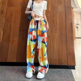 Women's Ice Silk Tie-Dye Graffiti Wide-Leg Pants