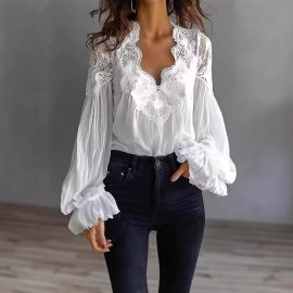 Women's lace patchwork pleated shirt