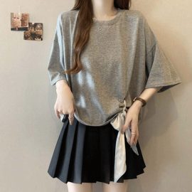 2025 Summer New Plus Size Women's Clothing Design Silk Scarf Tie Loose Short Sleeve T-Shirt