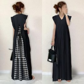 Summer 2025 Japanese Style Womens Dress Back Straps Grid Pat