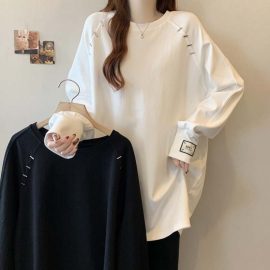 Plus Size German Fleece Mid-Length Shoulder Buckle Long Sleeve T-Shirt