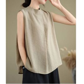 Plus Size Textured Cotton Linen High Neck Sleeveless T-Shirt