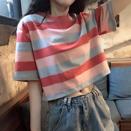2026 New Korean Style Loose Rainbow Striped Short-Sleeve T-Shirt