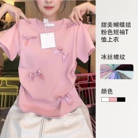 Solid color bow short-sleeved T-shirt