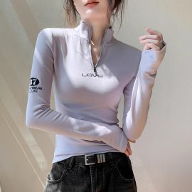 Double-Sided German Velvet Zipper Half-High Collar Long-Sleeve T-Shirt