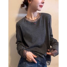 Faux two-piece lace mesh spliced ​​long-sleeved T-shirt