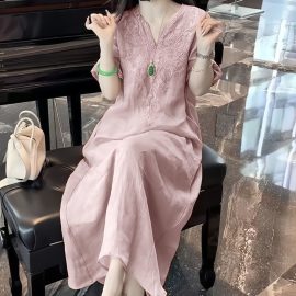 Chinese style retro V-neck versatile cotton and linen dress