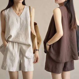 Summer fashionable cotton and linen vest top set