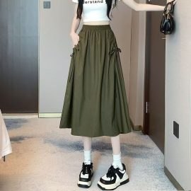 2026 Summer New Arrival Versatile Solid Color Lace-up Drawstring Pocket Midi A-line Skirt
