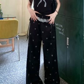 Sweet and spicy bow-tie lace patchwork wide-leg pants