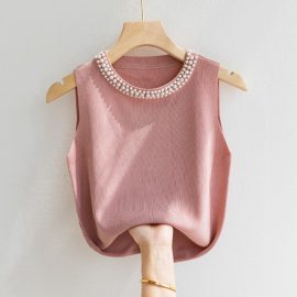 Pearl-embellished white round neck sleeveless pullover camisole top