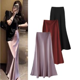 High-end French acetate satin drape, elegant 2026 spring new mid-length fishtail skirt