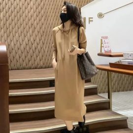 Hooded Over-knee Slimming dress Women's Korean-style Solid Color plus size Slim-fit Hoodie