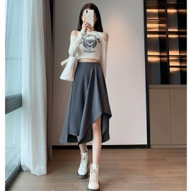 Chubby girl irregular skirt plus size mid-length skirt Spring/Summer high waist A- line skirt